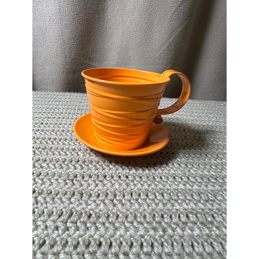 Orange Metal Teacup and Saucer Planter Whimsical Ribbed Garden Pot 4.5 inch